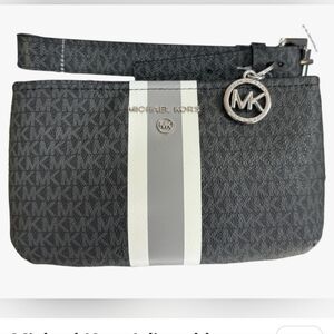 MICHAEL KORS SIGNATURE STRIPE LOGO BELT BAG FANNY PACK. BLACK/ GRAY. SIZE: S/M